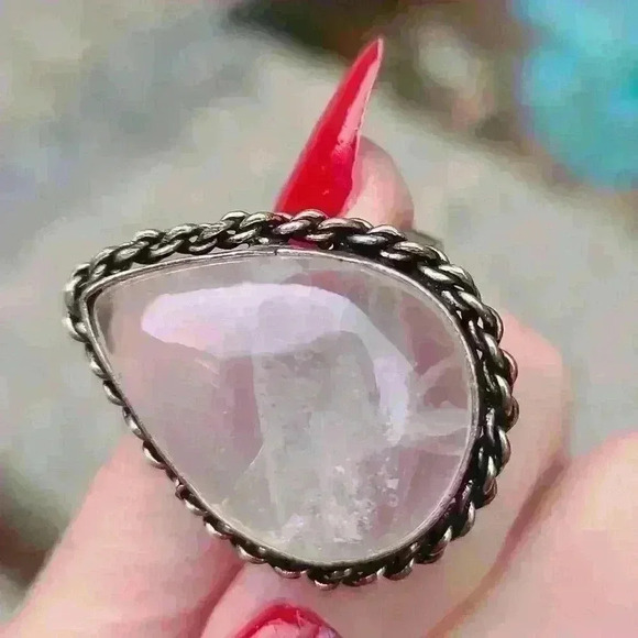 Moonstone crystal like  silver tone ring size 8 adjustable water drop shape ring - Picture 14 of 17